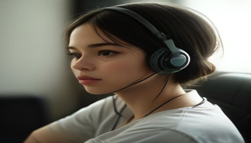 Osoba w słuchawkach słuchająca audiobooka podczas oczekiwania w poczekalni