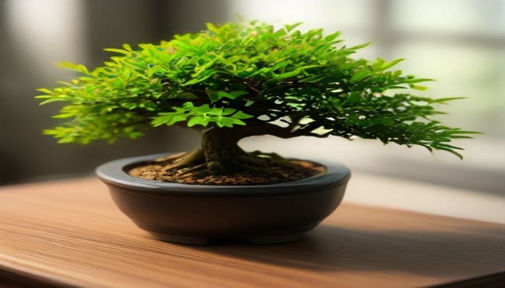 Miniaturkowe drzewko bonsai w doniczce na stole