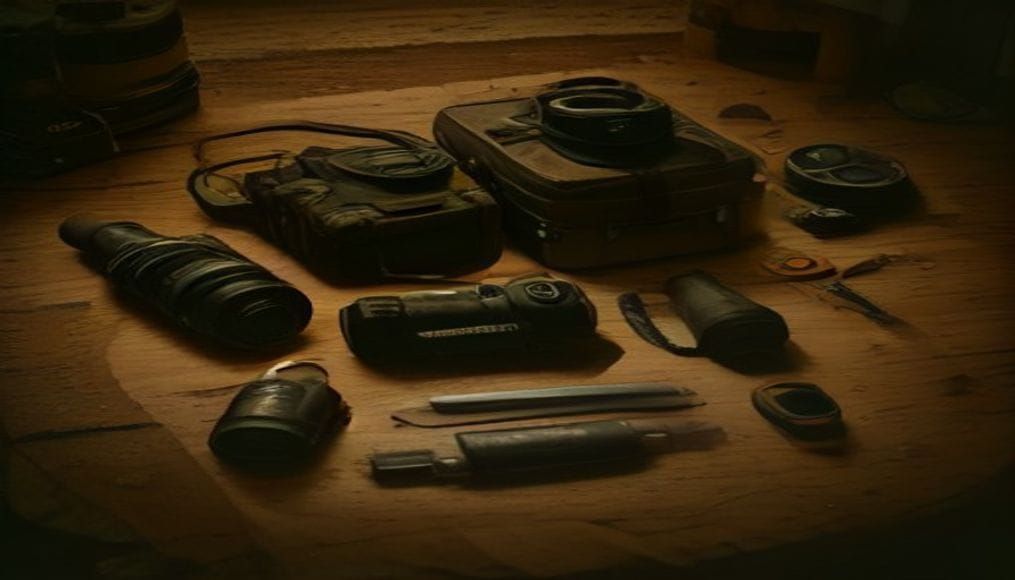 Zestaw sprzętu survivalowego na drewnianym stole