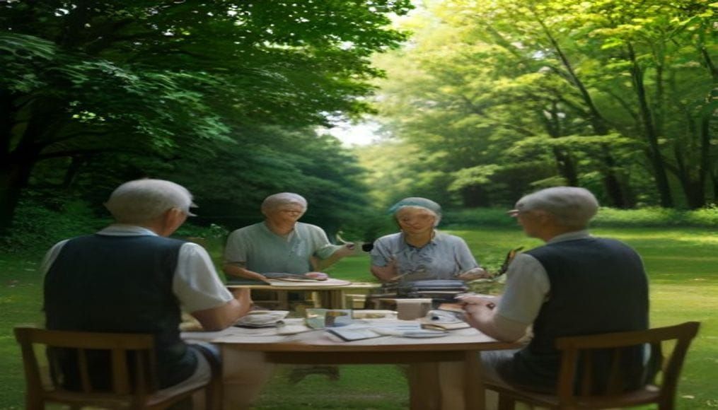 Seniorzy biorący udział w plenerze malarskim na łonie natury