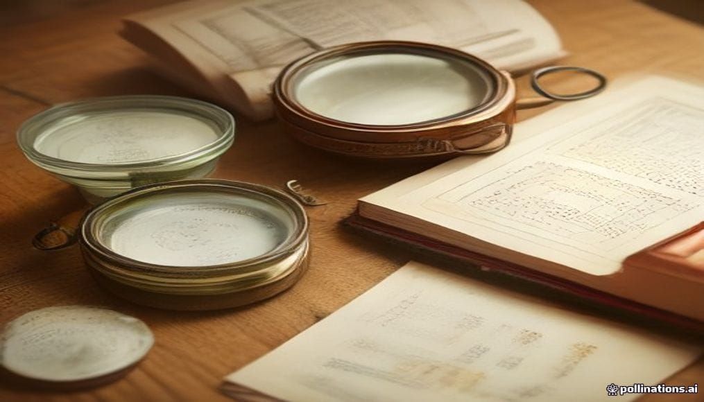Stare dokumenty genealogiczne, lupa i rodzinne fotografie na drewnianym stole
