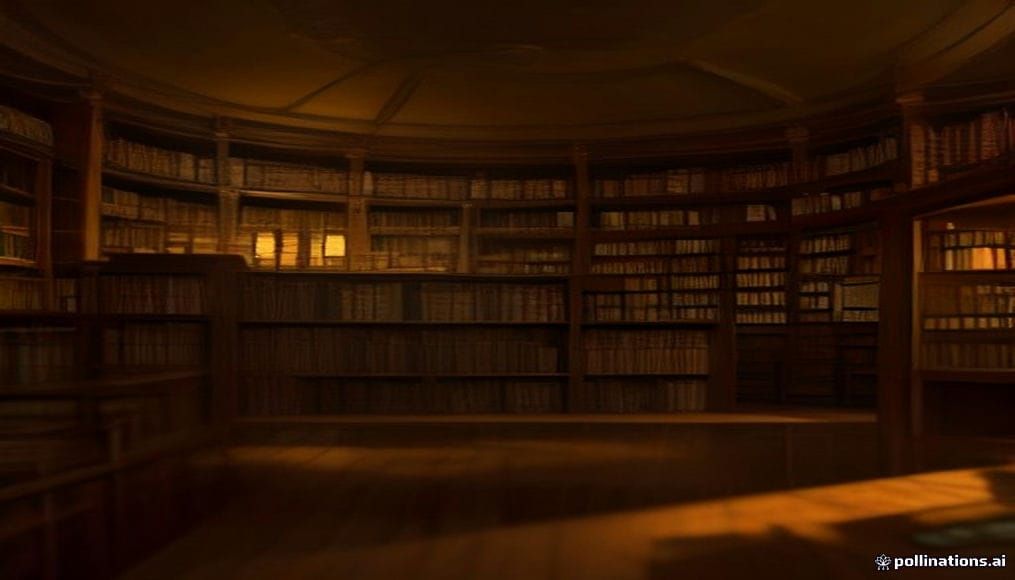Wnętrze oświetlonej biblioteki z książkami na półkach
