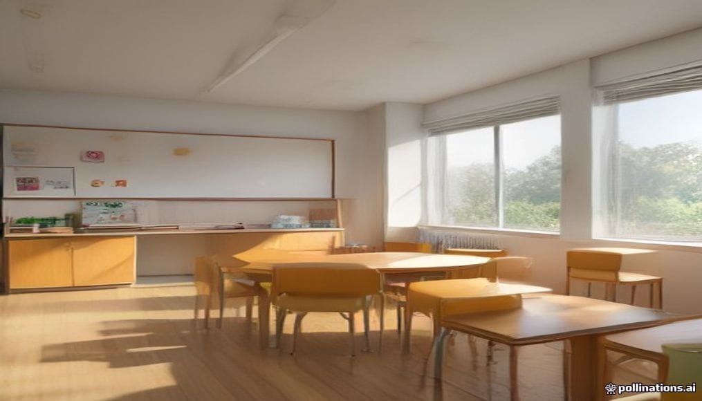 Jasna sala przedszkolna z zabawkami edukacyjnymi i stolikami dla dzieci