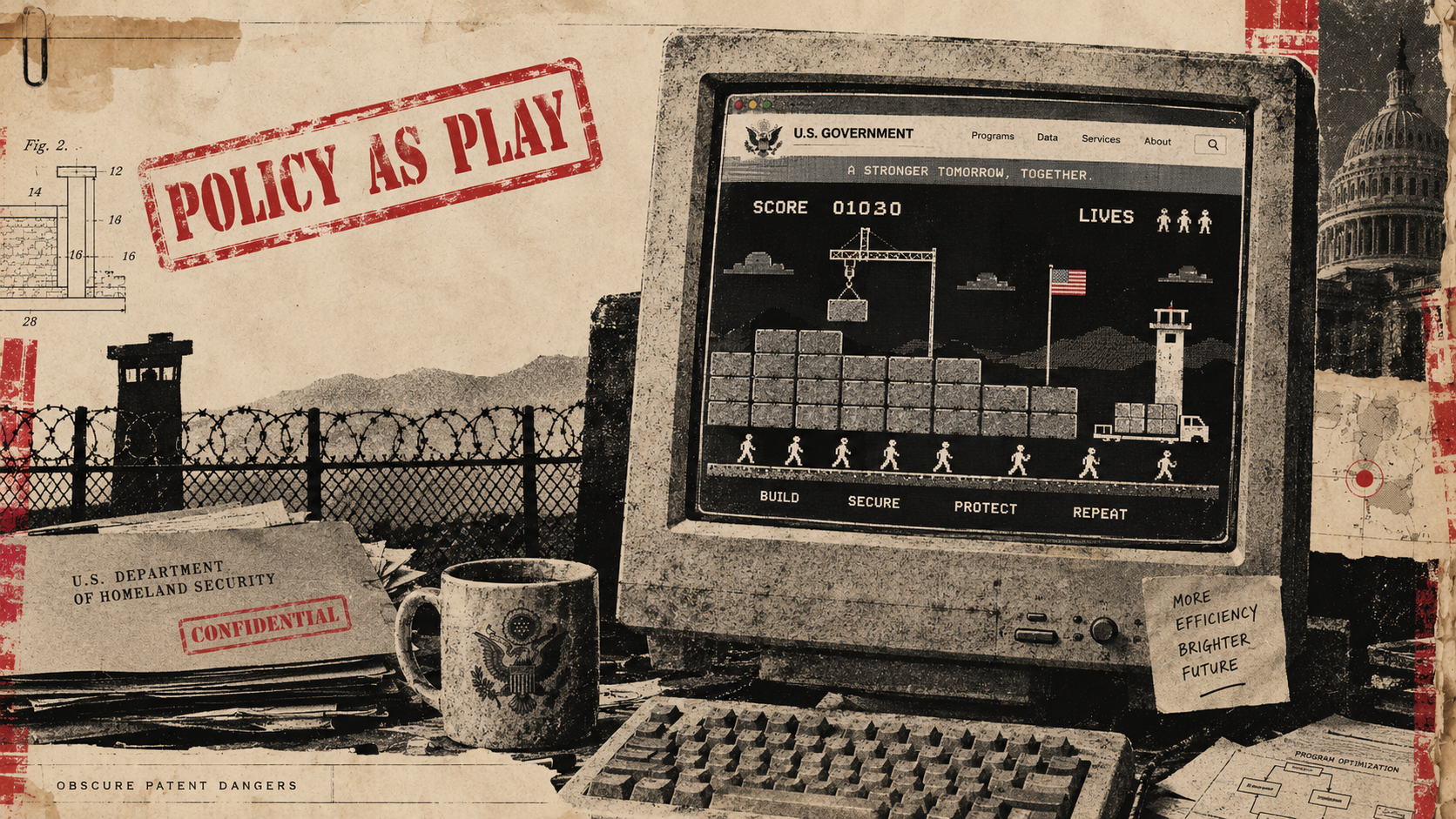 Conceptual illustration of political messaging through arcade games.