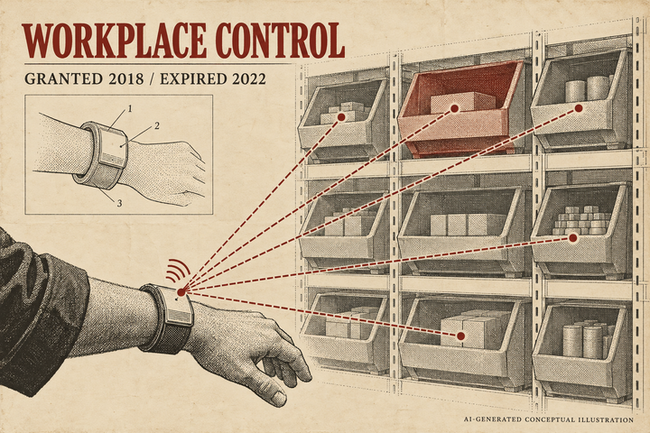 Conceptual illustration of a warehouse worker wearing a wristband that sends tracking lines toward inventory bins.