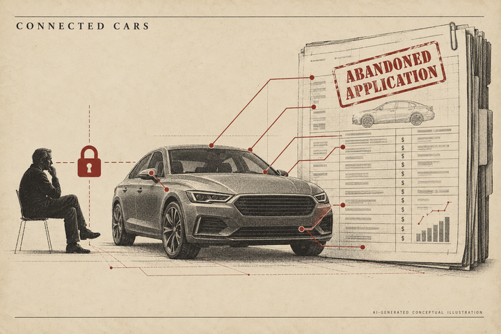 Conceptual illustration of a driver separated from a car by a lock, connected to a loan ledger stamped Abandoned Application.