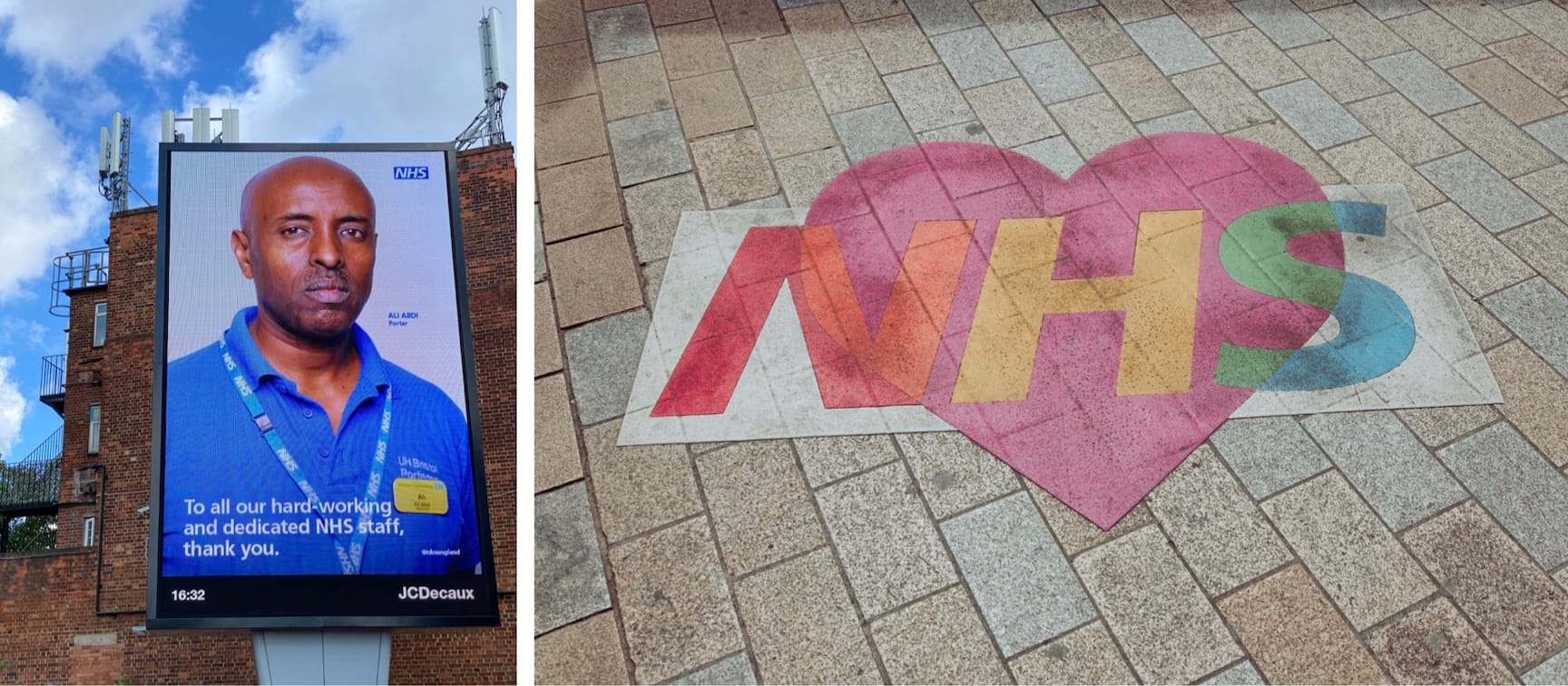 A composite picture of a giant outdoor poster celebrating NHS nurses and street art showing the NHS logo across a large heart
