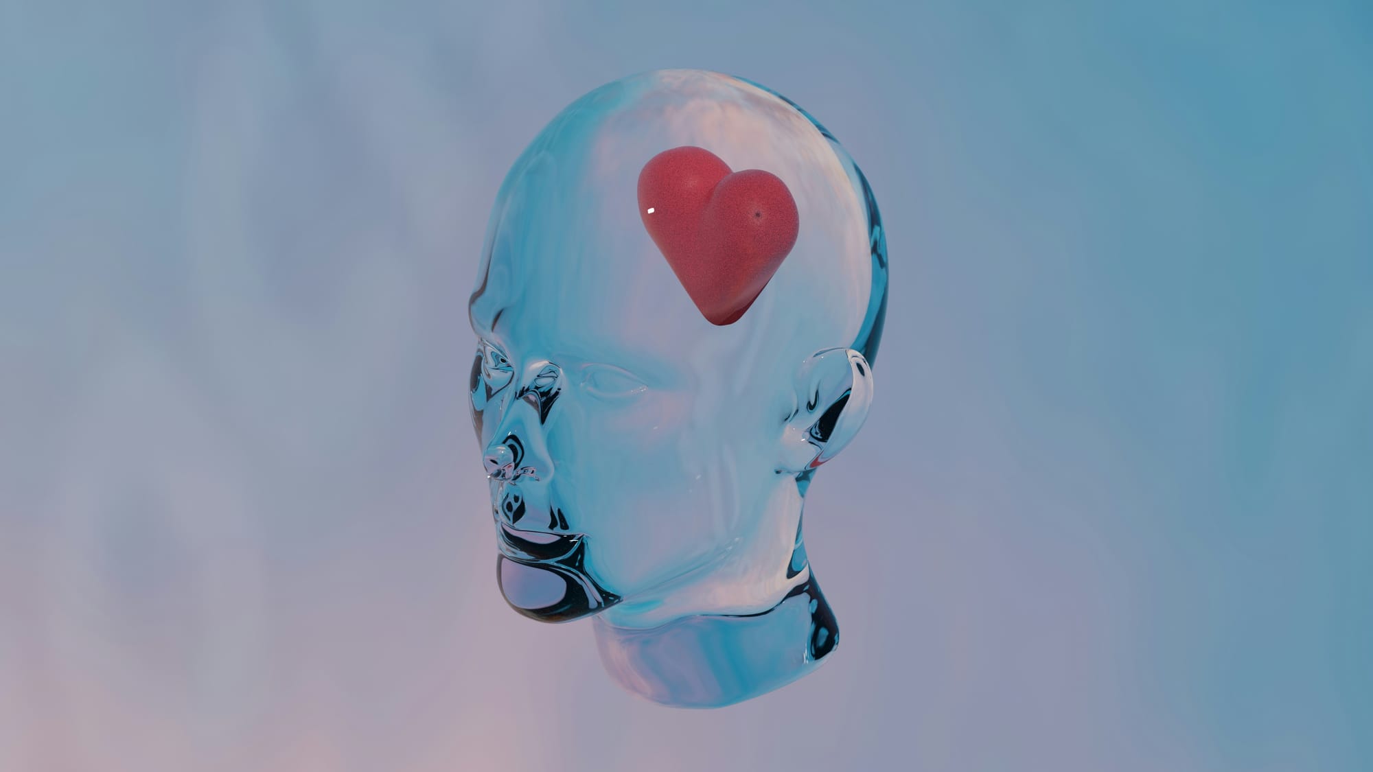 A 3D render of a glass head encasing a blood-red heart