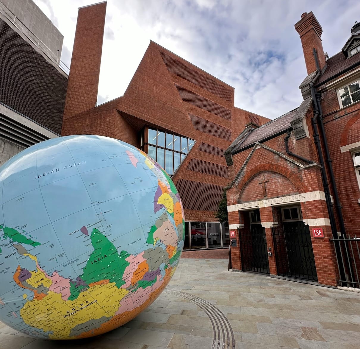 A giant globe in the campus courtyard of LSE