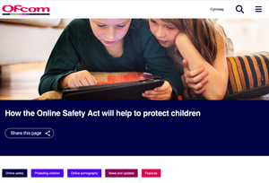 two children stare at an ipad screen. Text reads: How the online safety act will help to protect children