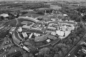 A black and white aerial photograph of Harefield Hospital complex