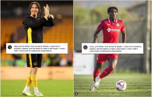 Side-by-side photos of footballers Fábio Silva (in Wolves training gear, applauding) and Christantus Uche (in a red Getafe kit, with a ball).