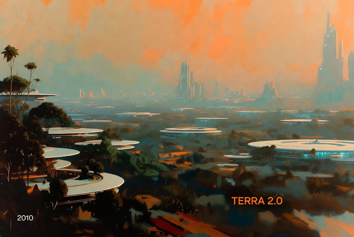 A retro-futurist tableau of clean energy and intelligent systems working in harmony, reflecting a world where abundance is engineered rather than imagined.