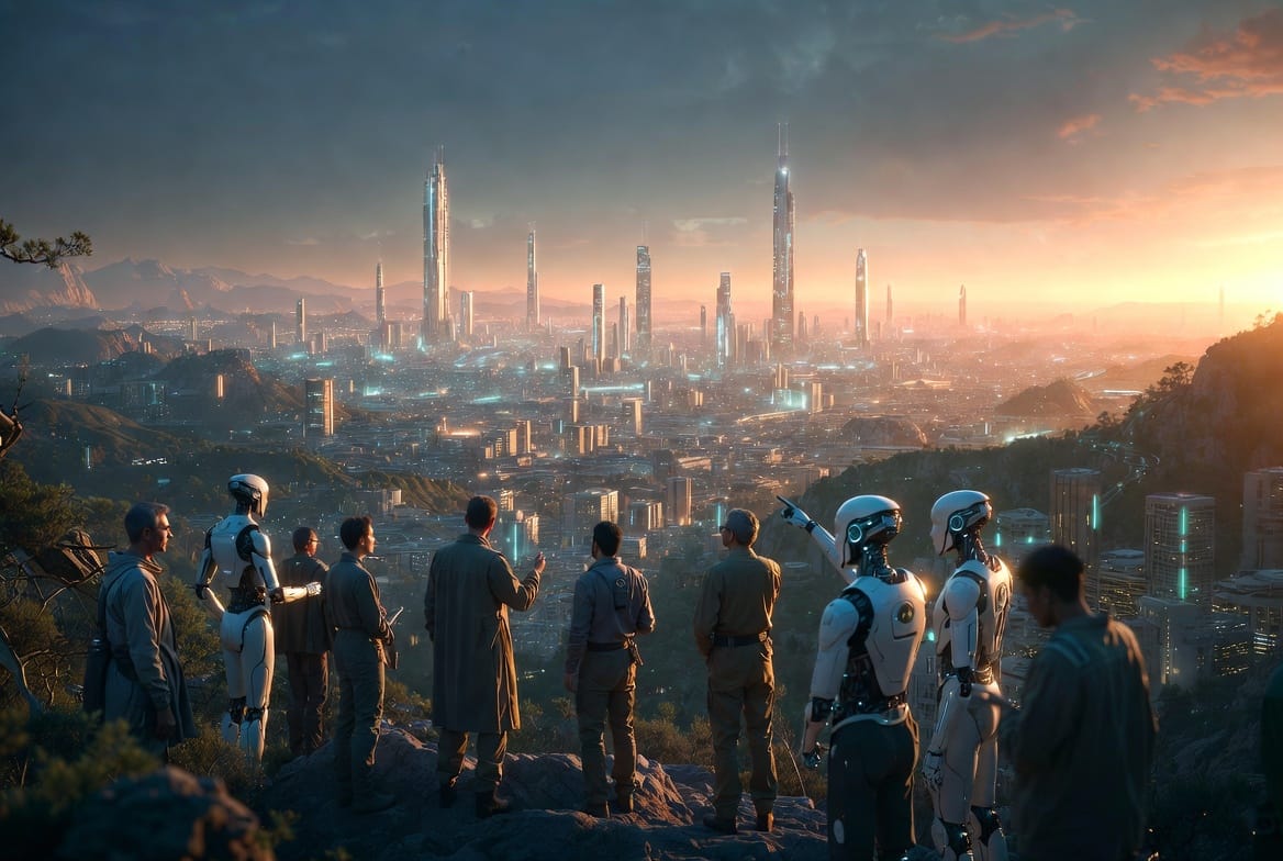 A group of humans and humanoid AI figures stand together on a ridge overlooking an open, interconnected future city filled with organic towers, glowing networks and soft cosmic light.