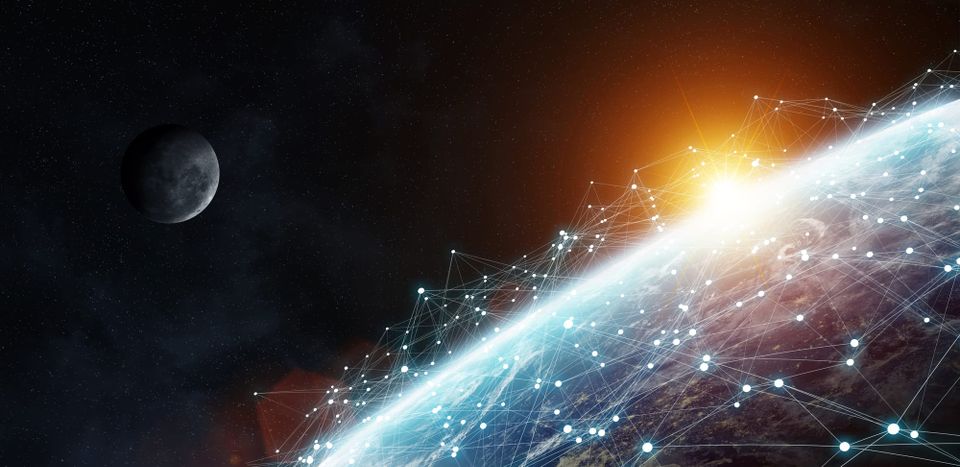 Sunrise over Earth’s horizon with a glowing mesh of connection points and the moon in the distance.