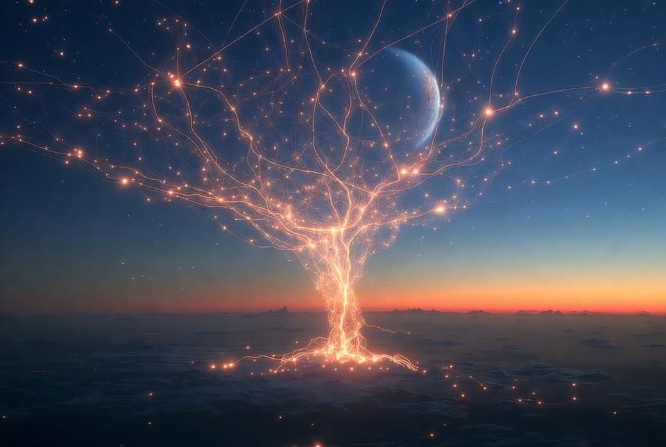 A floating lattice of light hovers above a dark ocean at dusk. Isolated platforms represent elite enclaves, while a central platform shows humans and AI beings connected by streams of data.