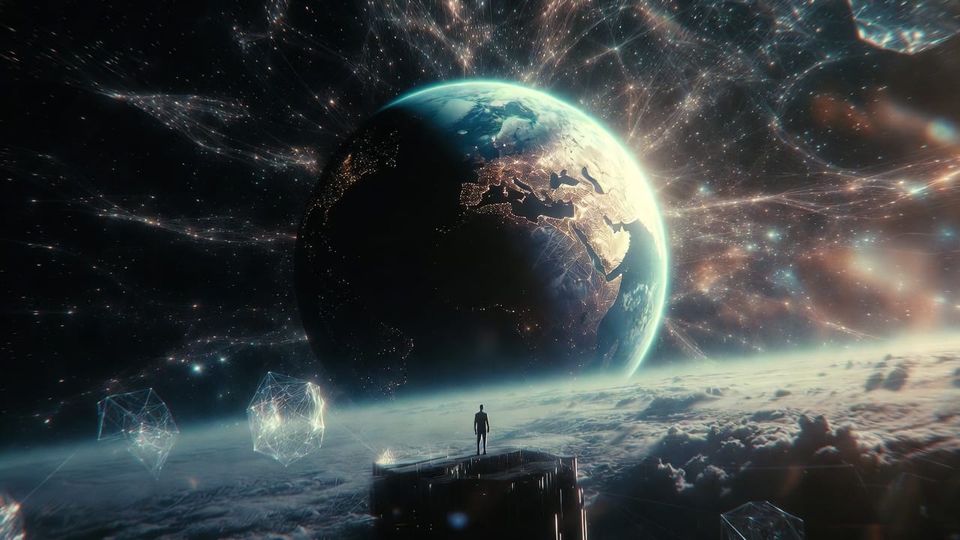 A threshold moment. Humanity pauses as Earth reveals itself not just as a planet, but as a thinking system in formation.