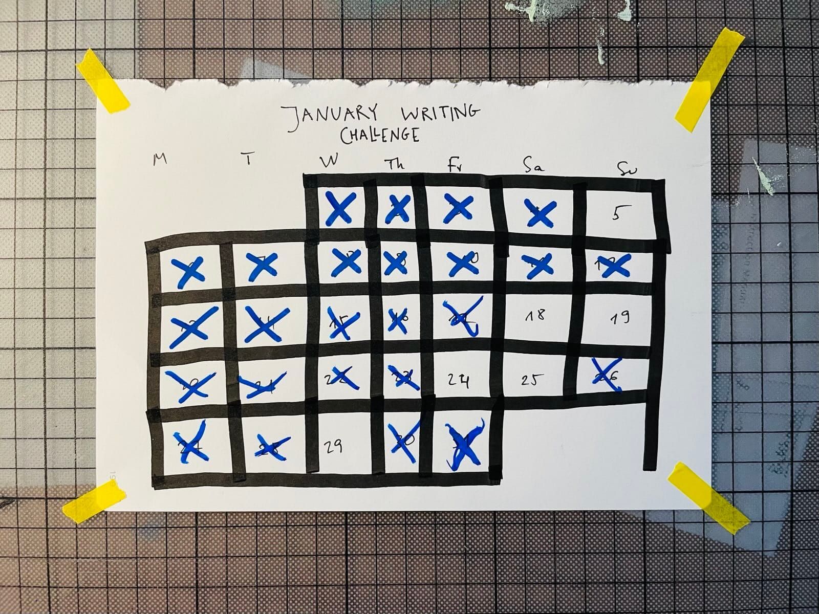 January overview. 25 days have a cross on it, 6 don't