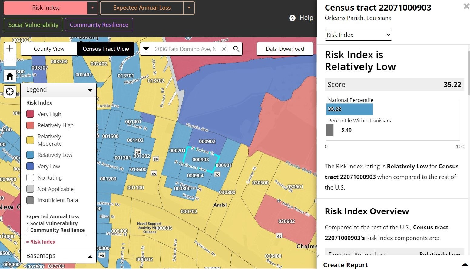 Screenshot of Lower Ninth Ward (census tract 000903) calculated at low risk by the NRI
