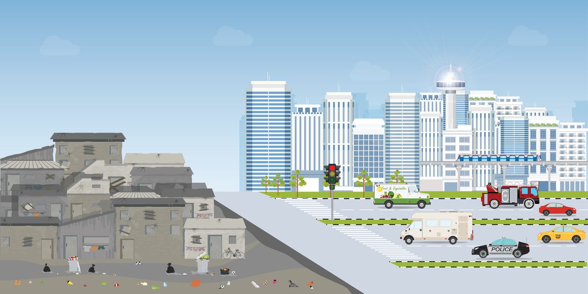 Contrast city between Landscape of slum city or old town slum and urban city landscape with contemporary buildings, gap betwe