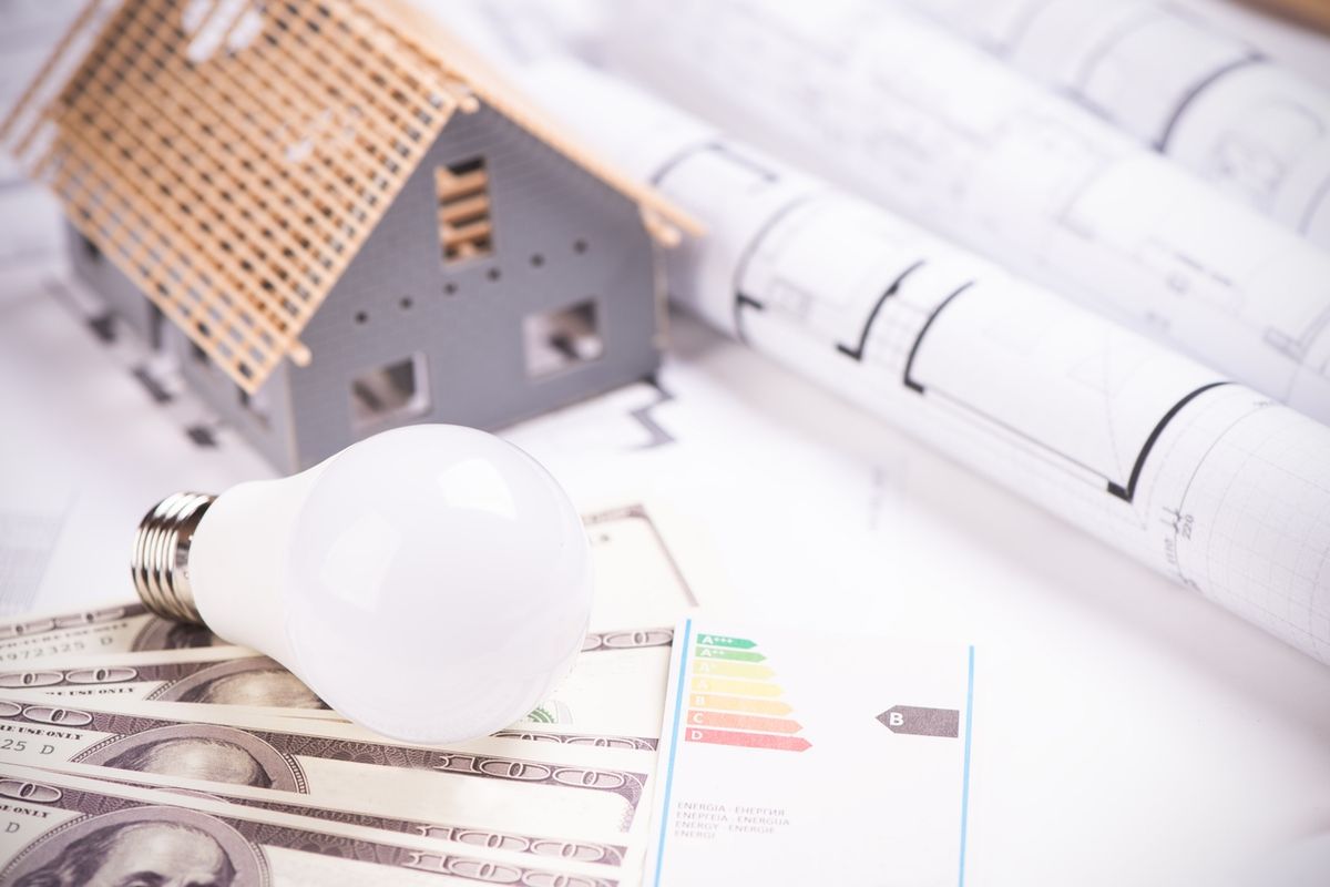 The concept of saving electricity. money, decorative house and a led bulbs