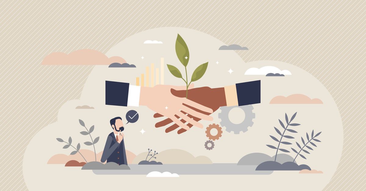 Sustainable partner and environmental friendly business tiny person concept. Corporate deal or agreement symbolic handshake w