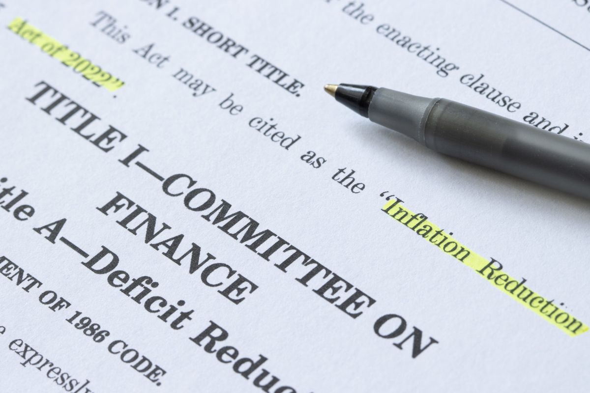 Closeup of the documents of the Inflation Reduction Act of 2022. The Unites States Senate passed the Inflation Reduction Act,
