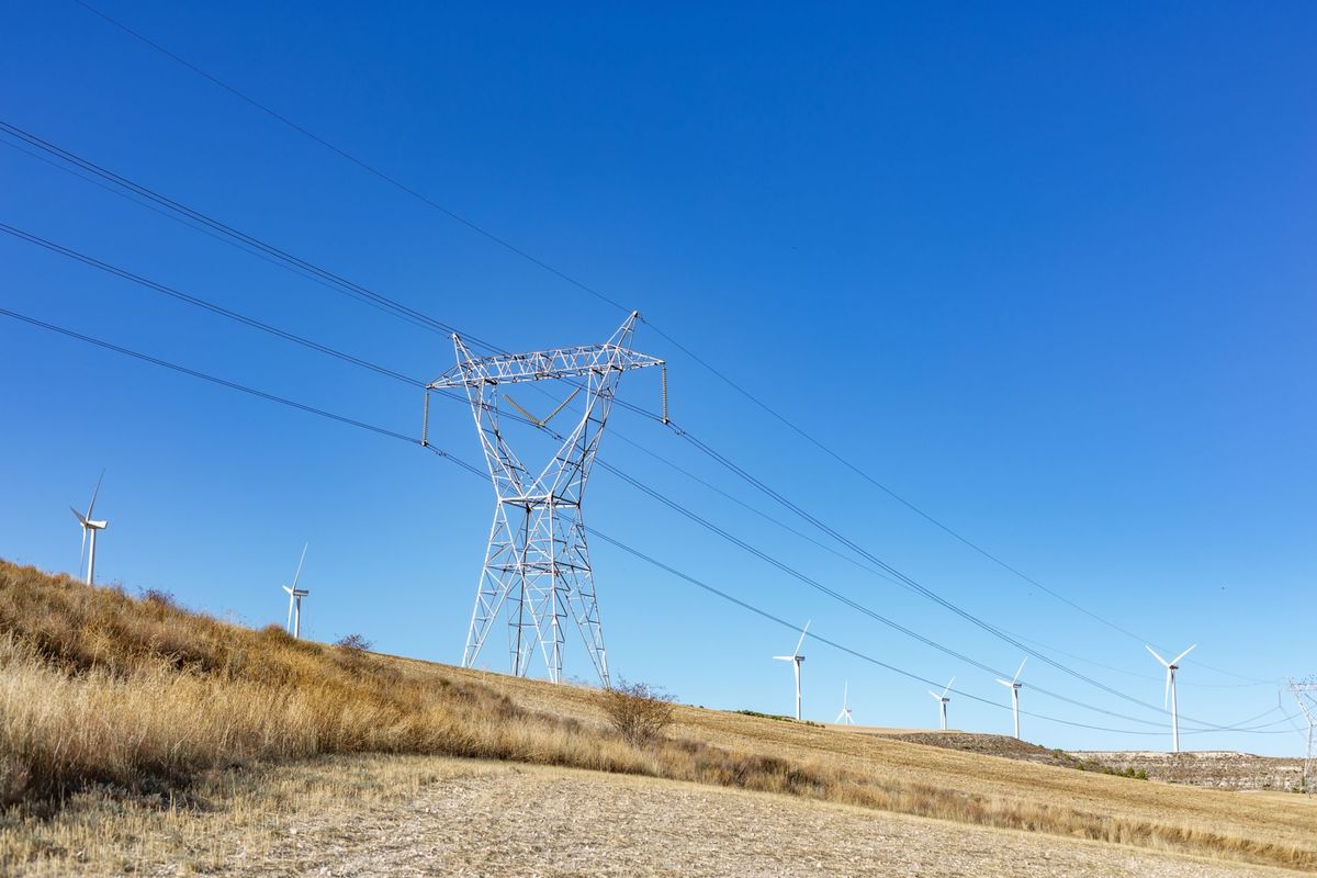 Powerlines and windmills in rural landscape