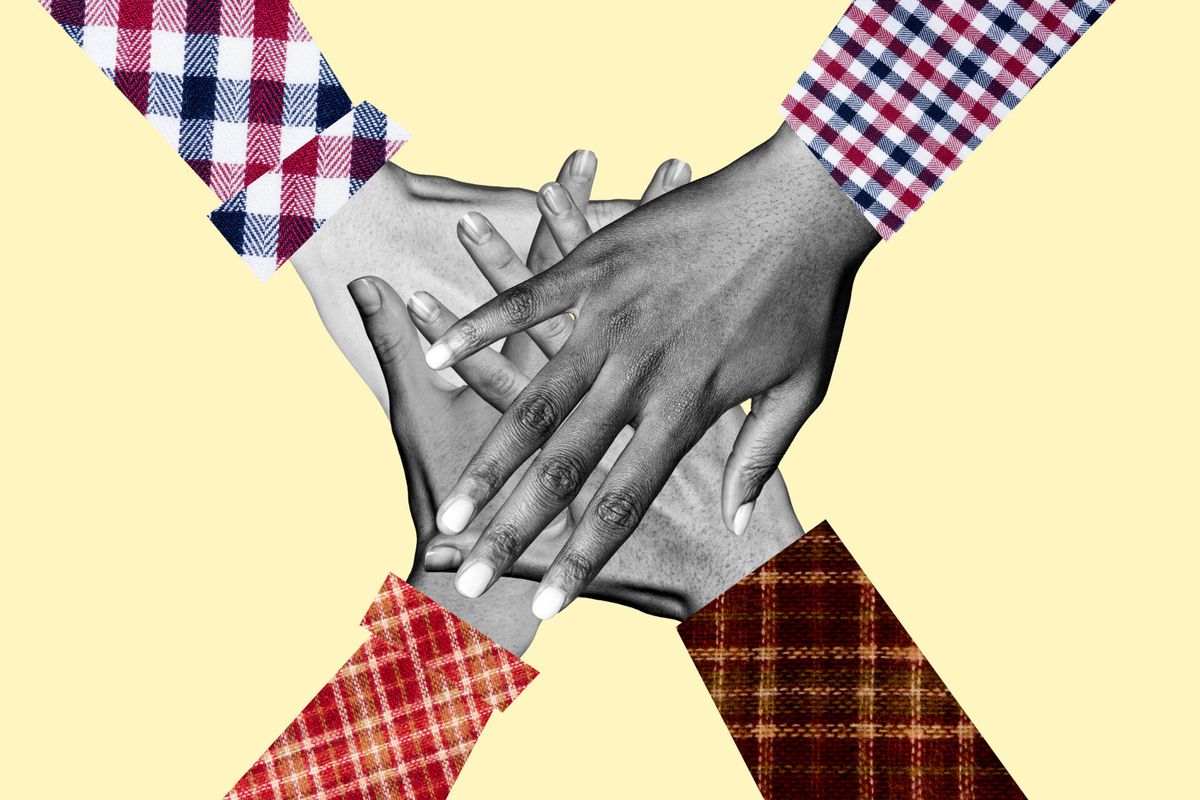 Horizontal photo collage view from above people fold stack their hands concept of unity and support team work isolated on bei