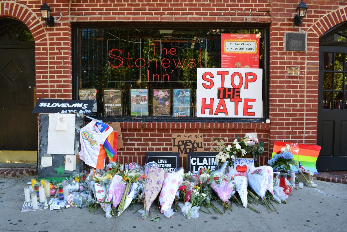 New York, USA - June 12, 2017: Memorial outside the landmark Stonewall Inn in honor of the victims of the mass shooting at a