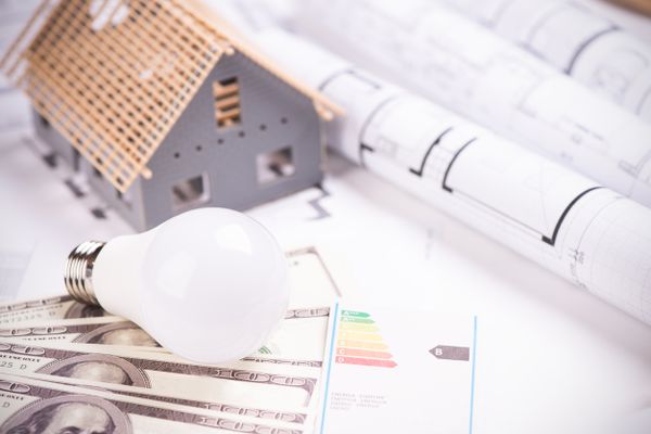 The concept of saving electricity. money, decorative house and a led bulbs