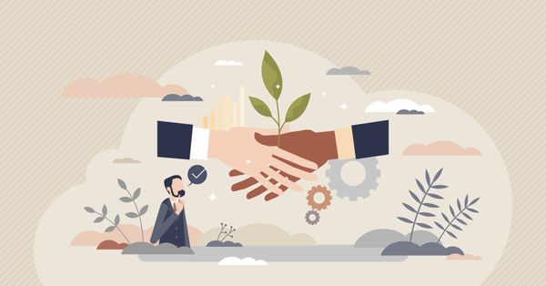 Sustainable partner and environmental friendly business tiny person concept. Corporate deal or agreement symbolic handshake w