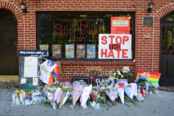 New York, USA - June 12, 2017: Memorial outside the landmark Stonewall Inn in honor of the victims of the mass shooting at a