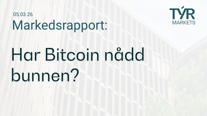 TÝR Markets forsidebilde til markedsrapport med tittelen "Har Bitcoin nådd bunnen? Institusjonelle kjøpere fortsetter å akkumulere" over et bilde av en glassfasade