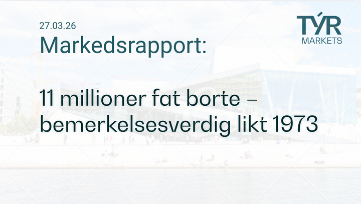 TÝR Markets forsidebilde til markedsrapport 27.03.2026 med tittelen "11 millioner fat borte – bemerkelsesverdig likt 1973" over et bilde av Oslo (Operahuset)