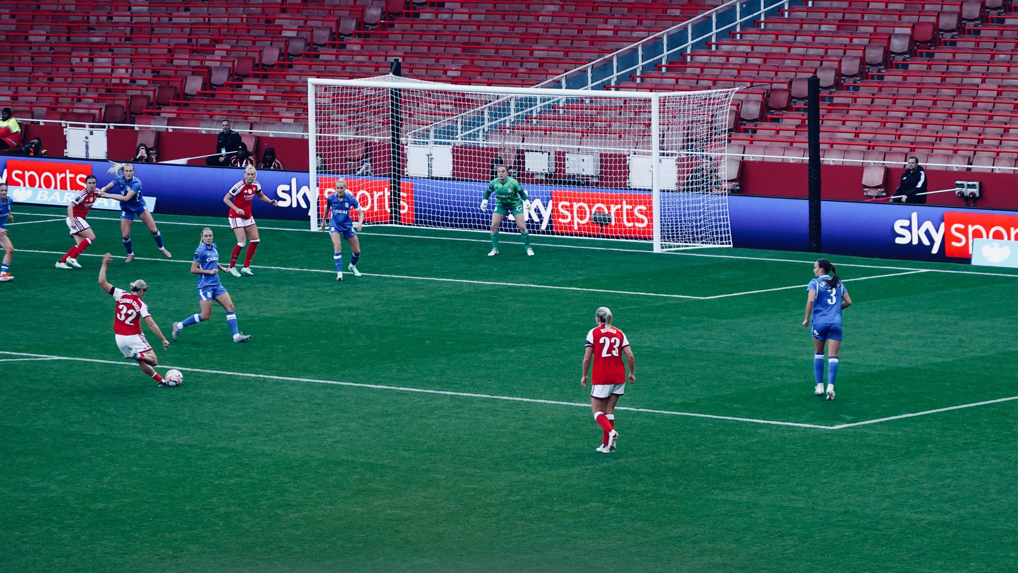 Kyra Cooney-Cross hits a long range effort against Birmingham City as Alessia Russo looks on | Photo by Roberto Revilla