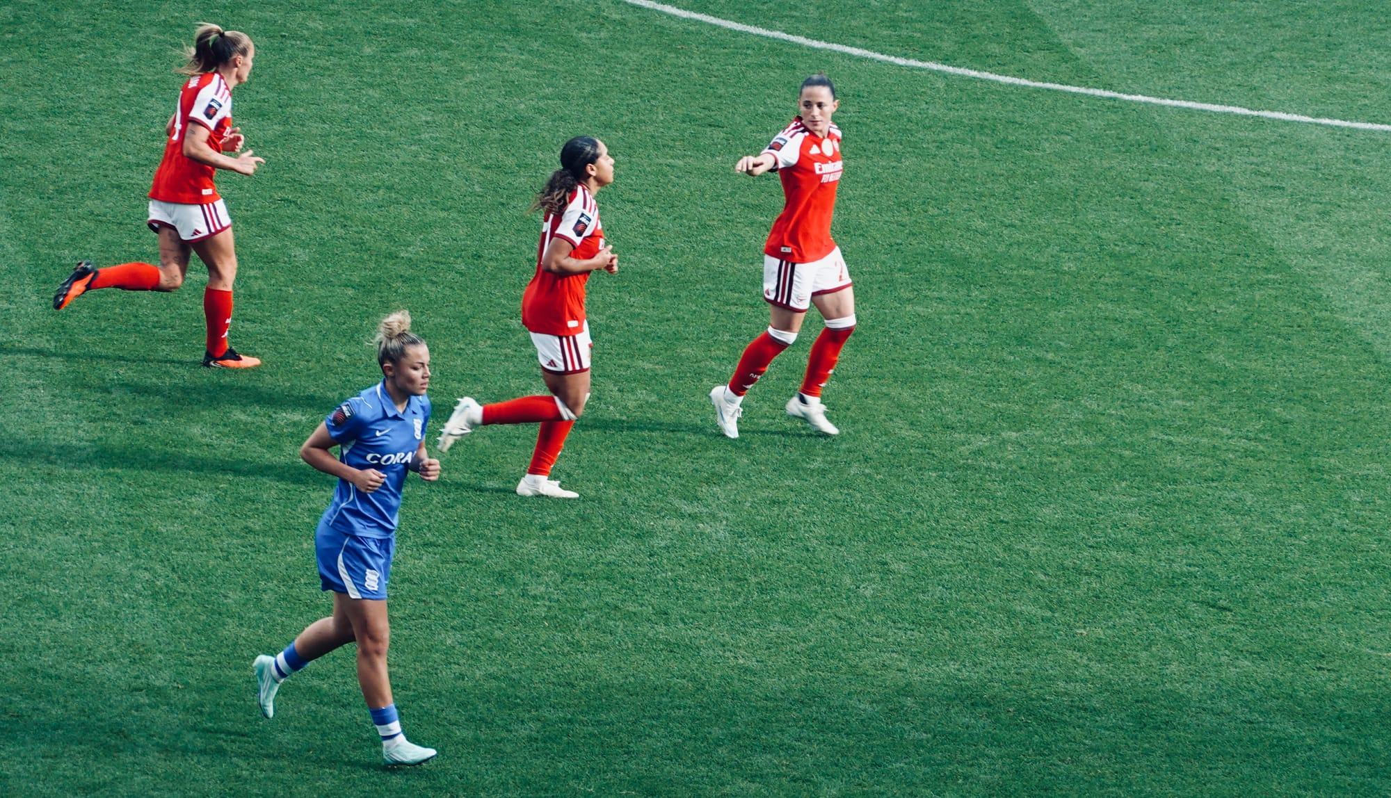 Arsenal Women's Georgia Stanway, Olivia Smith & Ona Batlle had a tricky time against Océane Hurtré of Birmingham City | Photo by Roberto Revilla