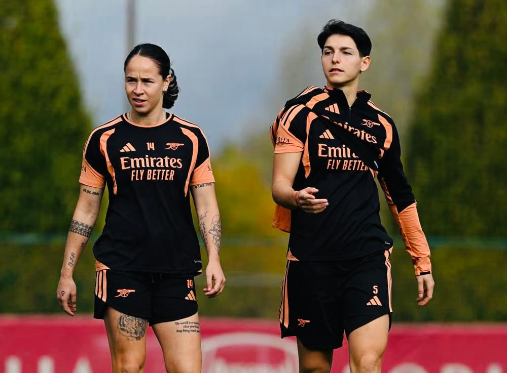 Geraldine Reuteler and Elisa De Almedia of Arsenal Women in training ahead of their match vs Birmingham City