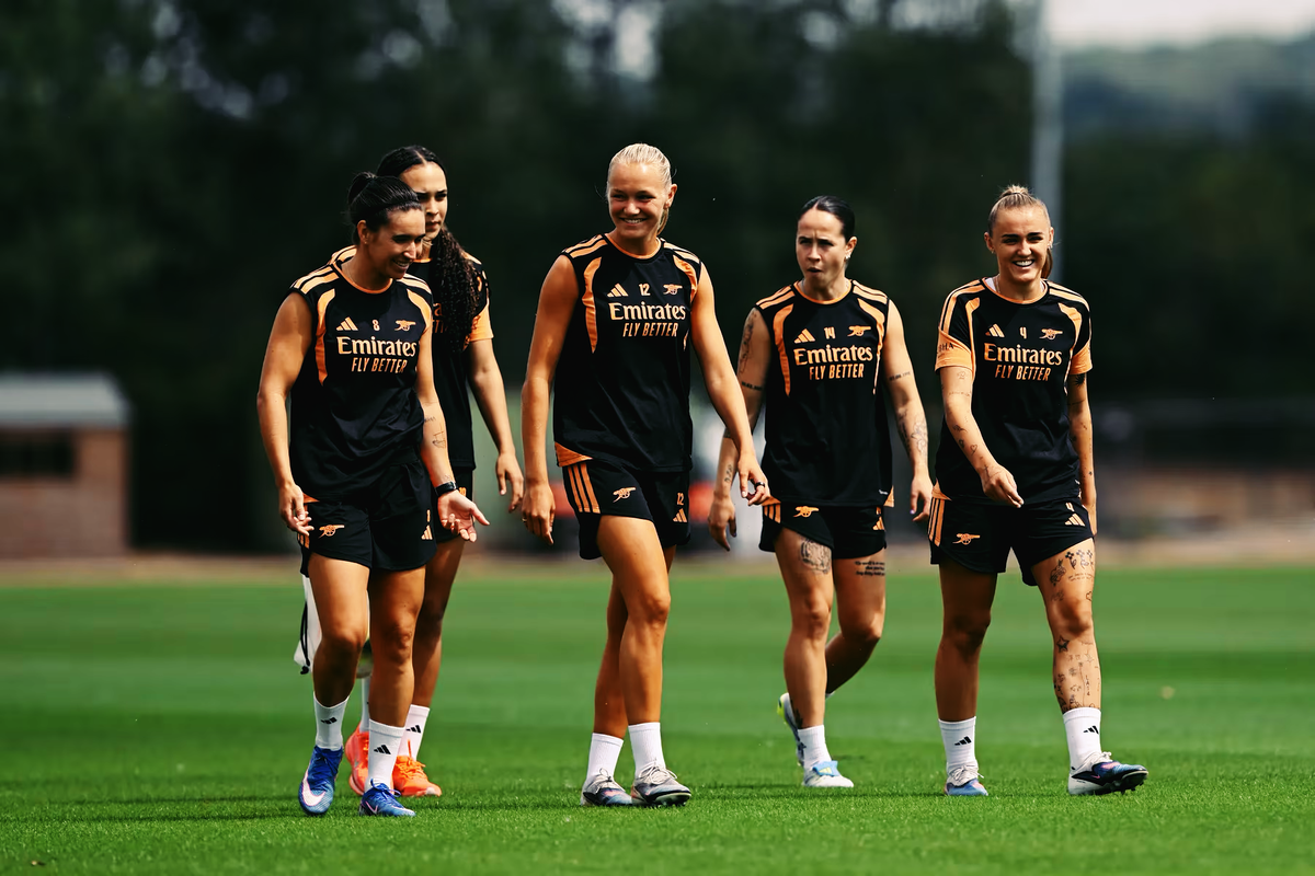 Arsenal Women players including Georgia Stanway, Geraldine Reuteler, Frida Maanum, Mariona Caldentey and Lisa Baum in training at the Sobha Realty Training Centre