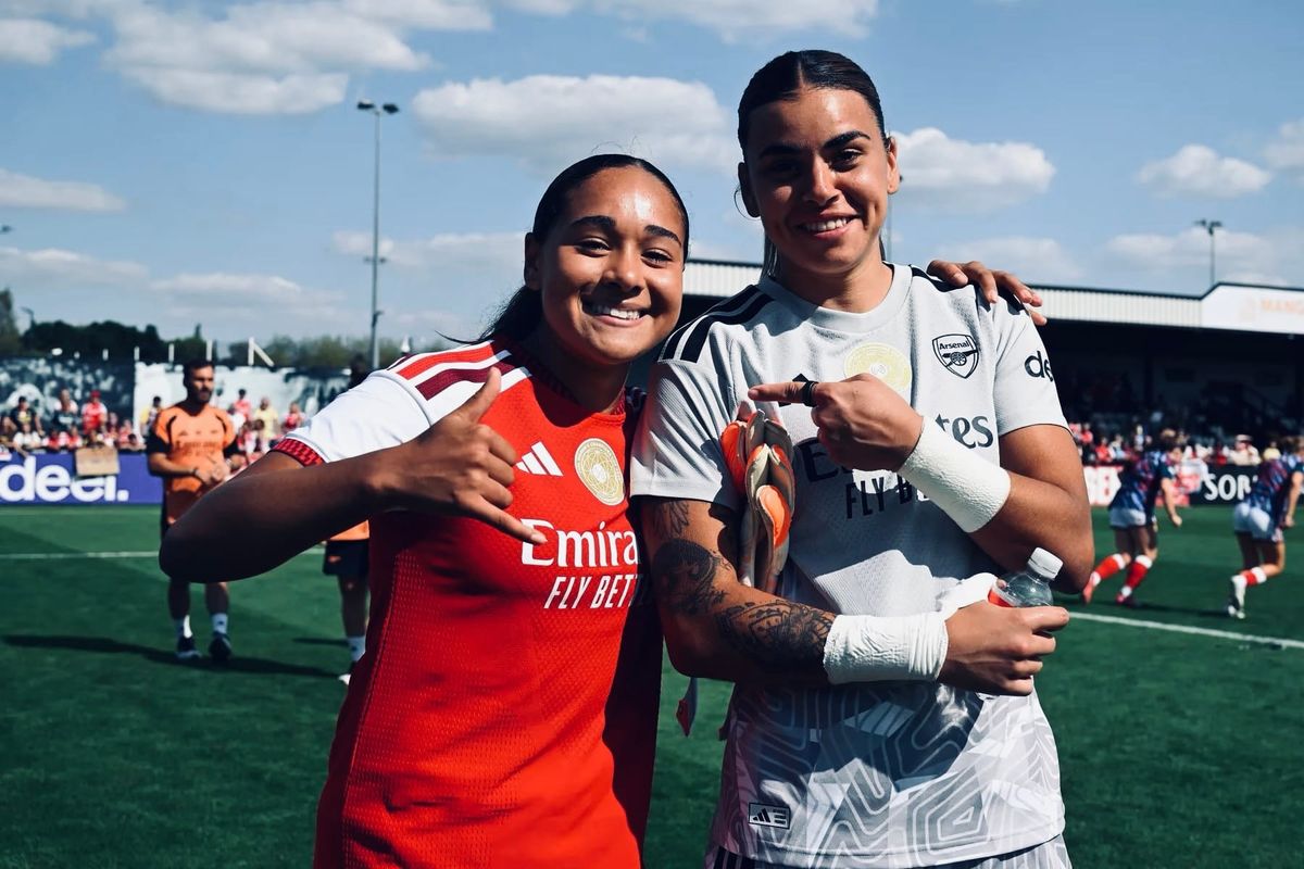 Olivia Smith and Misa Rodriguez celebrate Arsenal Women's 1-0 win over Paris FC at Meadow Park | 📸 AWFC