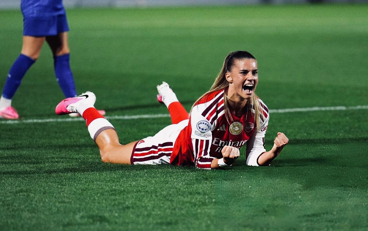 Arsenal Women forward Selina Cerci screams in triumph as she wins the penalty that will go on to win their Champions League game vs HB Køge