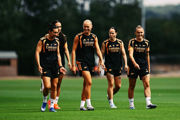 Arsenal Women players including Georgia Stanway, Geraldine Reuteler, Frida Maanum, Mariona Caldentey and Lisa Baum in training at the Sobha Realty Training Centre