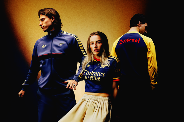 Arsenal Football Club's new 26/27 away kit launch featuring Chloe Kelly, Ricardo Calafiori and Declan Rice