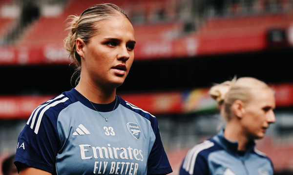 Jessie Gale of Arsenal Women Football Club with Stina Blackstenius at the Emirates Stadium