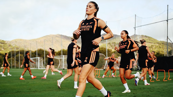 Arsenal Women on the training pitch at their summer training camp in La Manga for pre-season, featuring Lisa Baum and Selina Cerci in the front of the image