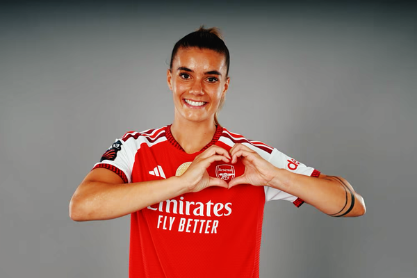 Selina Cerci in the 2026/2027 Arsenal Home Shirt on her signing day