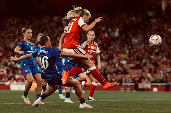 Arsenal Women's Smilla Holmberg leaps to volley a late equaliser against Manchester United
