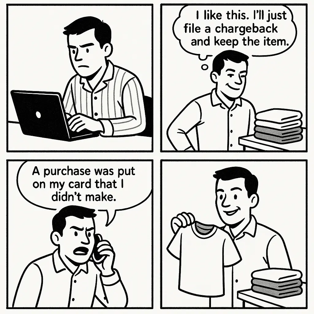 Friendly fraud comic illustration showing a customer disputing a legitimate purchase