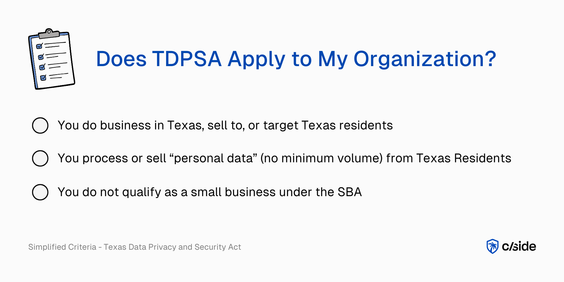 Eligibility criteria for TDPSA (Texas Data Privacy and Security Act) showing how to determine whether TDPSA applies to an organization