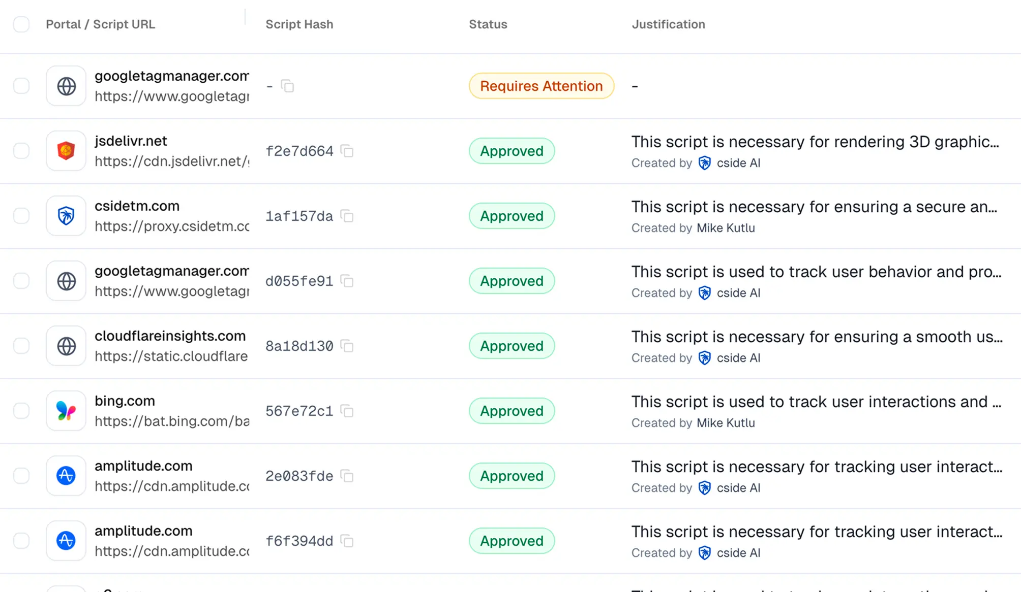 Client-side script management with approval status and alerts to reduce security risk.